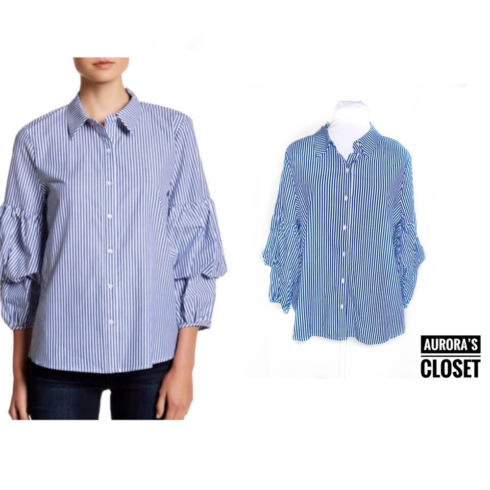 Ro & De M Blue Striped Button Down Ruched Sleeve